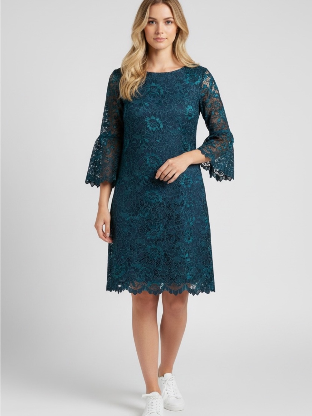 Jessica Howard Teal and Navy Blue Lace Bell-Sleeve Dress Elegant Flattering 8